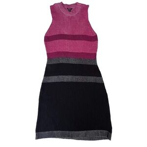 Ribbed Knit Sleeveless Bodycon Dress Colorblock Pink Black Knee Length Guess L